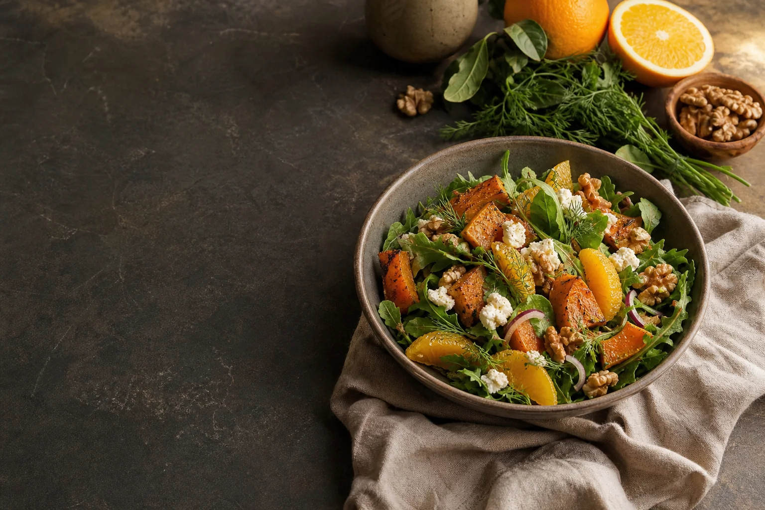 Салат с зеленью, апельсином, грецкими орехами и запечёнными овощами